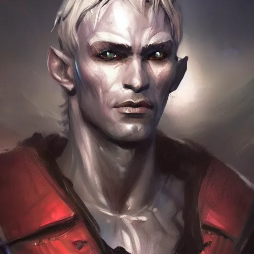 Image similar to closeup portrait of a male drow warrior, dungeons and dragons character, dramatic lighting, castle background, gorgeous view, realistic, high detail, digital art, painted by greg rutkowski, painted by jeremy mann, trending on artstation