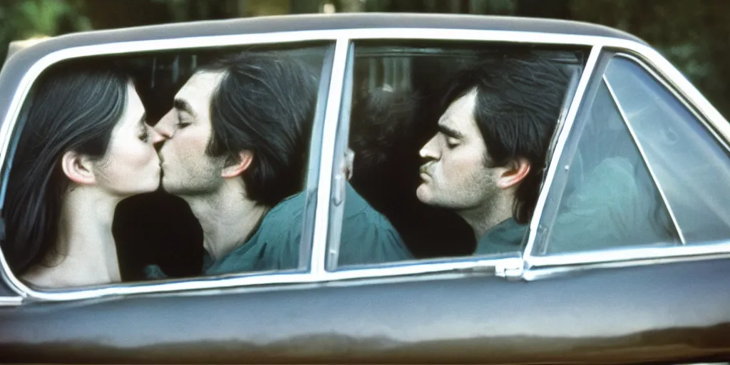 Image similar to 1 9 7 0 s car window closeup, young man and woman kissing in the back seat, coloured film photography, elliott erwitt photography