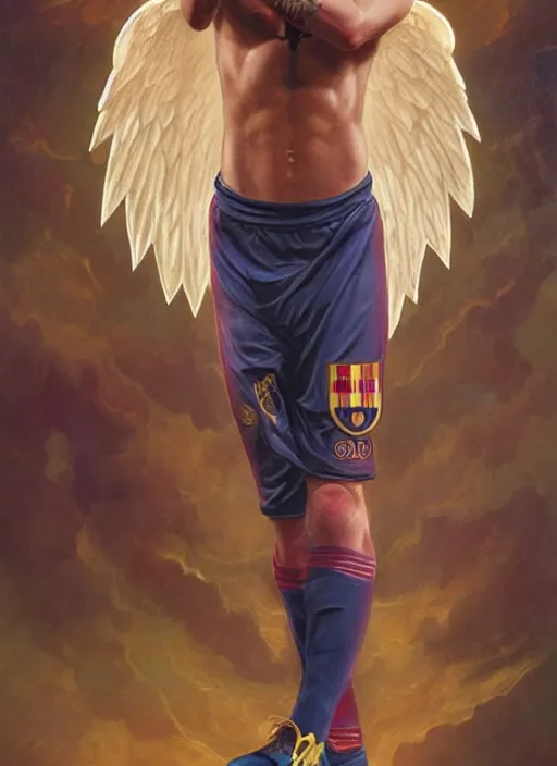 Prompt: portrait lionel messi male beautiful angel, full length shot, shining, 8 k highly detailed, sharp focus, illustration, art by artgerm, mucha, bouguereau