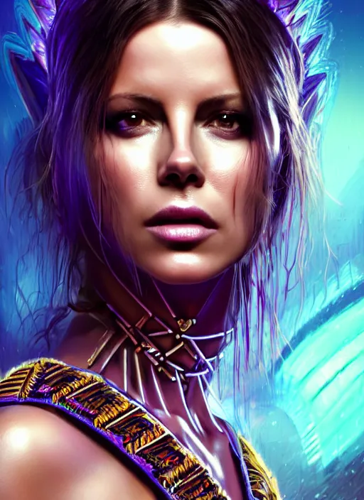 Image similar to portrait, hyper detailed ultra sharp aztec underworld warrior trance girl, breathtaking, kate beckinsale. trending on artstation, warpaint aesthetic, earthwave, colorful, neon, ornate, intricate, digital painting, concept art, smooth, sharp focus, illustration, art by artgerm and greg rutkowski and h. r. giger, 8 k