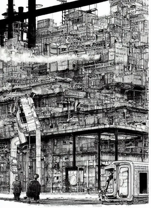 Prompt: illustration of a 2 0 8 0 desolate industrial scene by shaun tan, clean, emptyness, torn paper decollage, graphic novel, oil on canvas by edward hopper, ( by mattias adolfsson ), by moebius