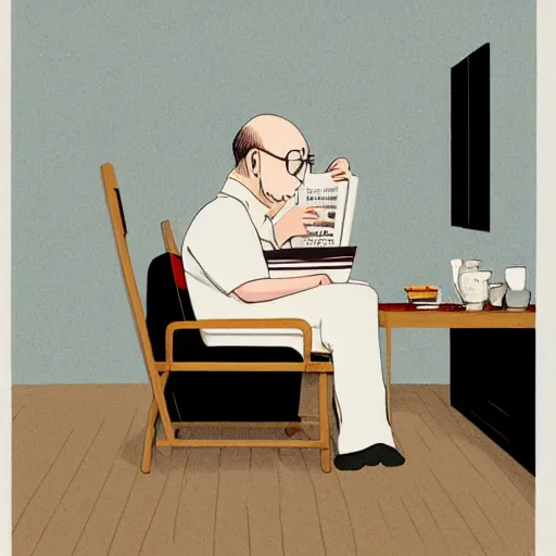 Image similar to old balding japanese man with white shirt, sitting on a chair and reading newspaper while looking at the ceiling of his room by studio ghibli, fujita goro, atey ghailan, tom whalen, jean giraud