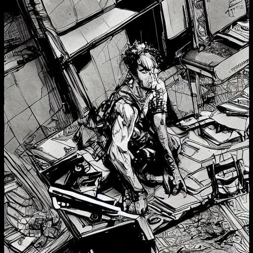 Image similar to frightened child, hiding under a table, concept art, intricate line drawings, pen and ink poster, in the style of yoji shinkawa, moebius comic, marc simonetti, miura