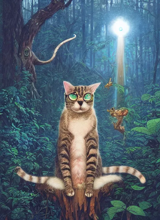 Image similar to a hyper realistic cat god with happy lighting and technology jewelry in the woods gorgeous lighting, sunbeams blue sky, lush forest foliage painting by chiara bautista and beksinski and norman rockwell and greg rutkowski weta studio, and lucasfilm