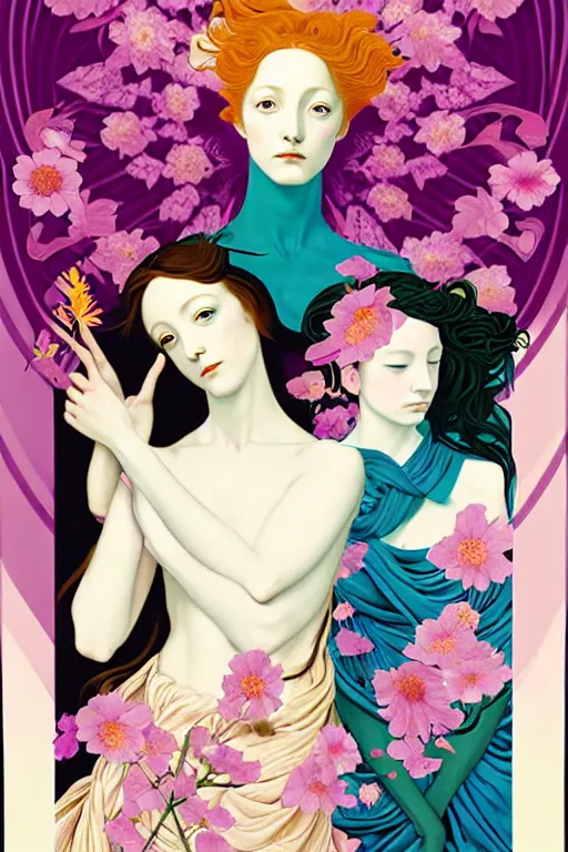 Image similar to 3 Spring Muses symbolically representing March, April, and May, in a style blending Æon Flux, Peter Chung, Shepard Fairey, Botticelli, Ivan Bolivian, and John Singer Sargent, inspired by pre-raphaelite paintings, shoujo manga, and cool Japanese street fashion, dramatically blossoming flora and fauna, petals falling everywhere, pastel vivid triad colors, hyper detailed, super fine inking lines, ethereal and otherworldly, 4K extremely photorealistic, Arnold render