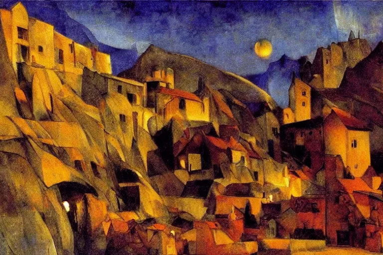 Prompt: a village of stone buildings built on the side of a hill, glowing with silver light, painting by Franz Marc, by Jean-Léon Gérôme, by Winsor McCay, today's featured photograph, 16K