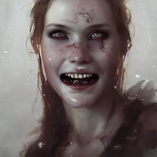 Image similar to epic portrait of a beautiful girl with an unnaturally wide smile, high detail, horror smile, sharp focus, beautiful!, scary!, bloody, dewy skin, ethereal, painting, concept art, warm lighting, greg rutkowski