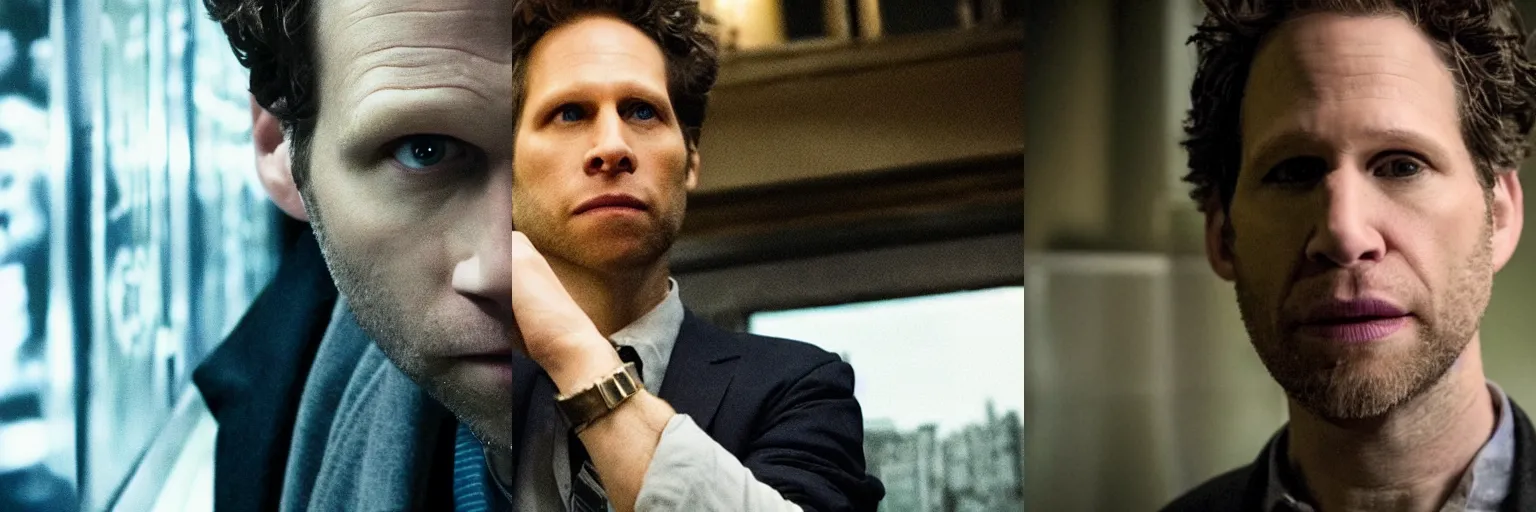Prompt: close-up of Glenn Howerton as a detective in a movie directed by Christopher Nolan, movie still frame, promotional image, imax 70 mm footage