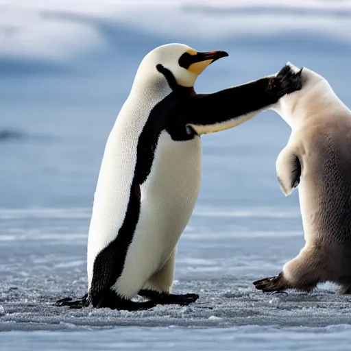 Image similar to a penguin fighting a polar bear