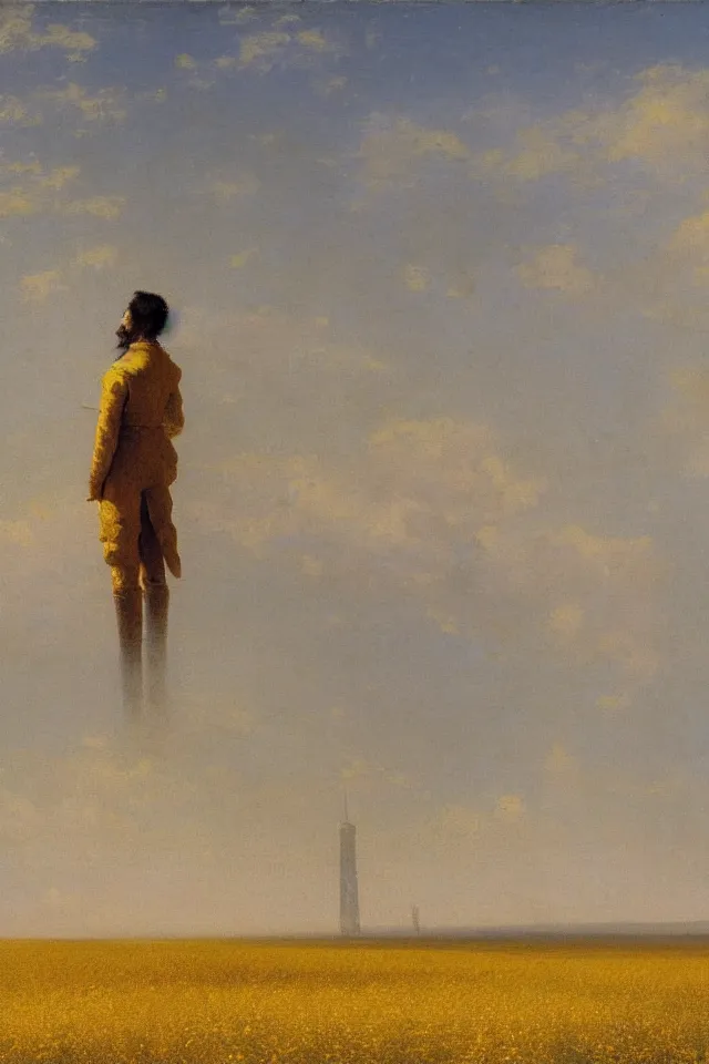 Image similar to painting of the back view of a humanoid robot, standing in the vast yellow wheat fields, looking at many distant gargantuan tall buildings by Ivan Aivazovsky