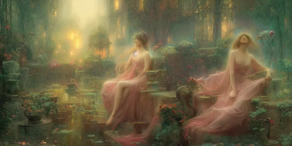 Prompt: Dimensional rain by Marc Simonetti and Delphin Enjolras and Pierre Auguste Cot