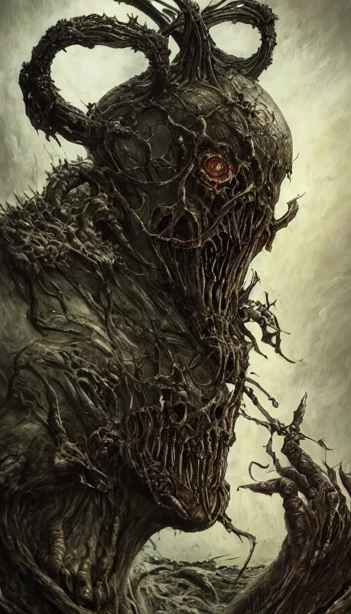 Image similar to Elden Ring and Doom themed painting of tormented undead hybrid, intricate artwork by Artgerm, Johnatan Wayshak, Zdizslaw Beksinski, Darius Zawadzki, H.R. Giger, Takato Yamamoto, masterpiece, very coherent artwork, cinematic, high detail, octane render, unreal engine, 8k, High contrast, golden ratio, trending on cgsociety, ultra high quality model, production quality cinema model