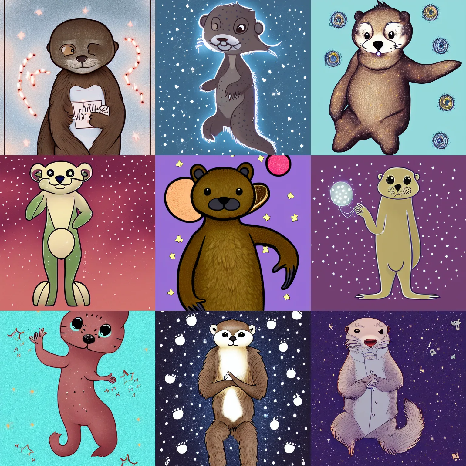 Prompt: anthropomorphic furry otter wearing clothing with constellations on them, trending on art station, furaffinity, soft lighting, cartoony