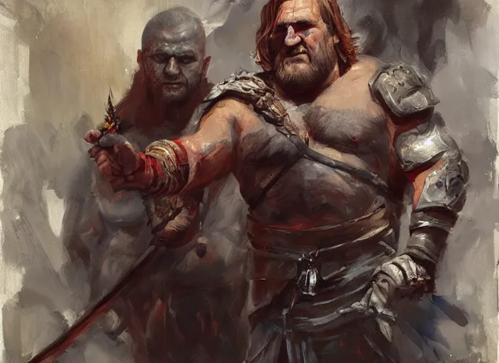 Image similar to a highly detailed beautiful portrait of gerard depardieu as kratos, by gregory manchess, james gurney, james jean