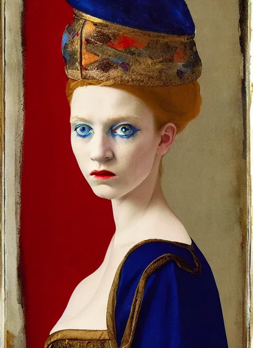 Prompt: portrait of young woman in renaissance dress and renaissance headdress, blue eyes and blond hair, style by the sarah moon