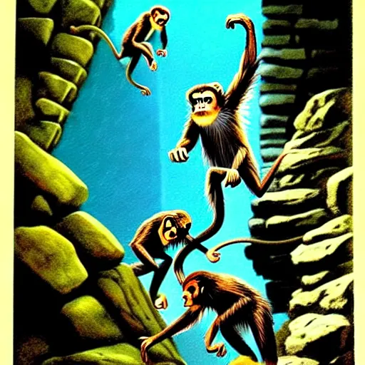 Image similar to Fantasy illustration by Clyde Caldwell - The monkeys chirrup loudly, a cacophonous din reverberating throughout the cavern. They leap into the air and land on the rocks, chittering and screeching to one another. One of them grabs a rock and hurls it into the pool. It splashes loudly, but the monkeys do not recoil. You see tattered strings of rope and cloth tied around their necks, to which they have affixed baskets that they carry beside them.