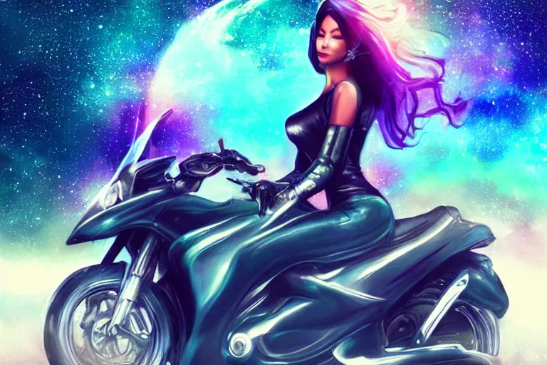 Image similar to a very very very beautiful woman riding a motorcycle, Galaxy background, drawn by artgerm