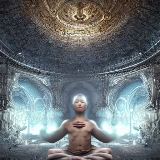 Image similar to full body pose, hyperrealistic photograph of inner peace, dim volumetric lighting, 8 k, octane beautifully detailed render, extremely hyper detailed, intricate, epic composition, cinematic lighting, masterpiece, trending on artstation, very very detailed, stunning, hdr, smooth, sharp focus, high resolution, award, winning photo, dslr, 5 0 mm