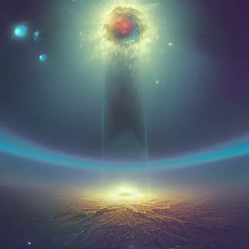 Image similar to beautiful image of creation of the world and matter in the dark deep space, light and darkness separated, planets, under a black night sky of astronomical glittering starlight in the outer reaches of the solar system beyond, trending on artstation, octane render, symmetry by raqib shaw, beksinski, zdzisław beksinski
