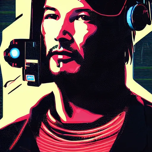 Image similar to Illustrated by Shepard Fairey and H.R. Geiger | Cyberpunk Keanu Reevse with VR helmet, surrounded by cables