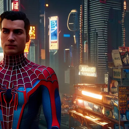 Prompt: a film portrait still of spider - man from cyberpunk 2 0 7 7 unreal engine. realism, cinematic lighting, highly detailed spider - man, 4 k. 8 mm. grainy. panavision.