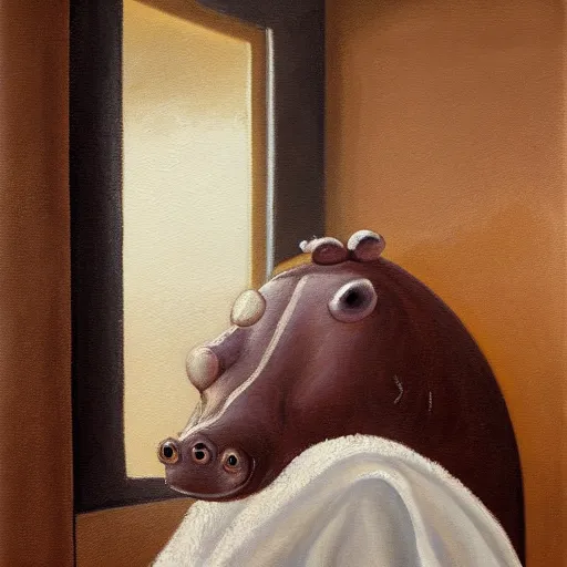 Prompt: A humanoid hippo wearing a towel sitting in a steamy sauna, oil painting