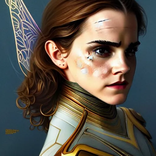 Image similar to beautiful Emma Watson as The Wasp from Marvel, western, closeup, D&D, fantasy, intricate, elegant, highly detailed, digital painting, artstation, concept art, matte, sharp focus, illustration, art by Artgerm and Greg Rutkowski and Alphonse Mucha