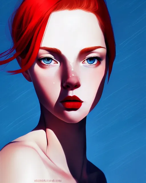 Image similar to a detailed portrait of an attractive!!!! woman with red hair and freckles by ilya kuvshinov, digital art, dramatic lighting, dramatic angle