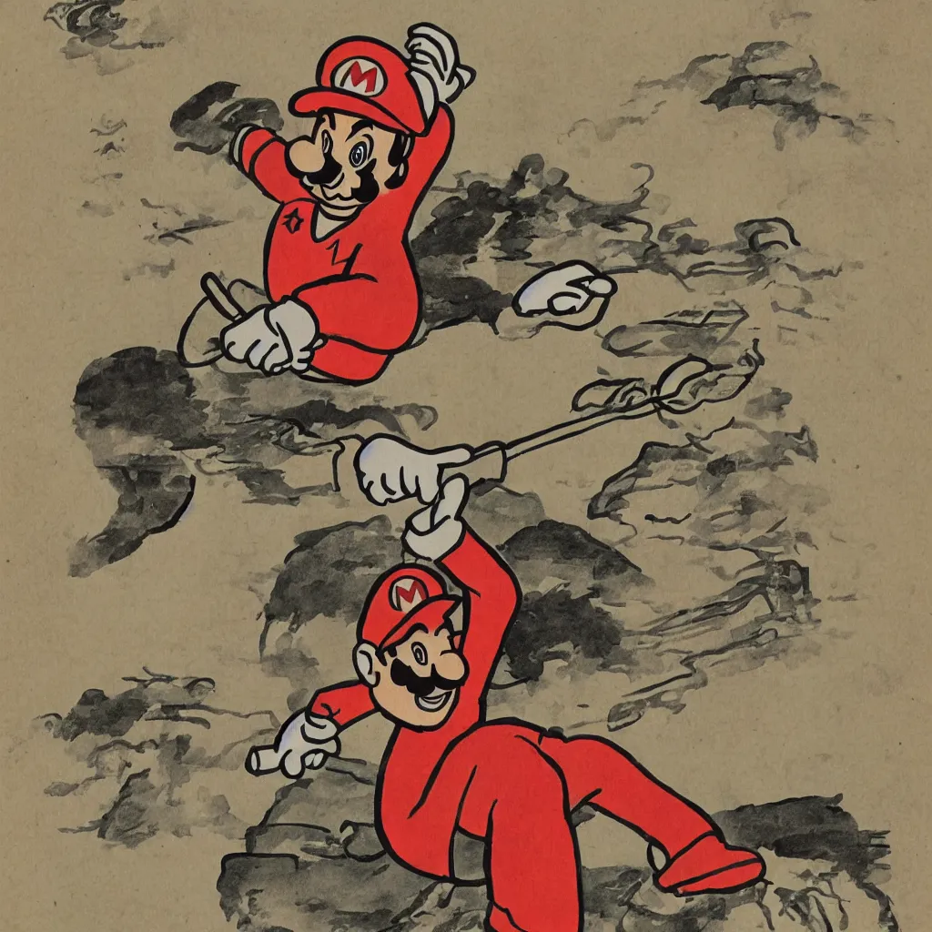 Image similar to Mario depicted as an Edo-era illustration