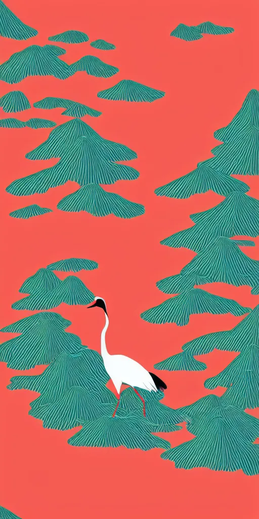 Prompt: a portrait of japanese crane waiting on a lake next to a forest of japanese pines, a big red sun in the background, logo design, fresh modern style, thick vector line art, trending on behance, stunning, matte