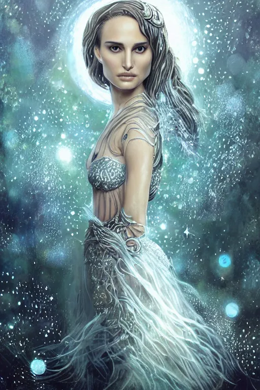 Prompt: natalie portman as a moon goddess dressed in intricate silver clothing surrounded by water particles above a serene pond, fantasy, wlop, trending on artstation, deviantart, anime key visual, official media, professional art, 8 k uhd