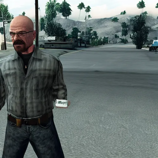 Prompt: Walter White as a character in Gta San Andreas, screenshot, rockstar games, pc game, 4k