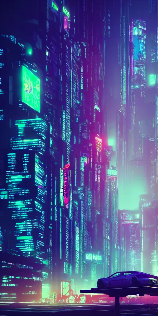 Prompt: Large cyberpunk skyscraper forest, other smaller buildings, colorful neon signs, flying cars traffic, octane render, foggy atmosphere, style of Blade Runner