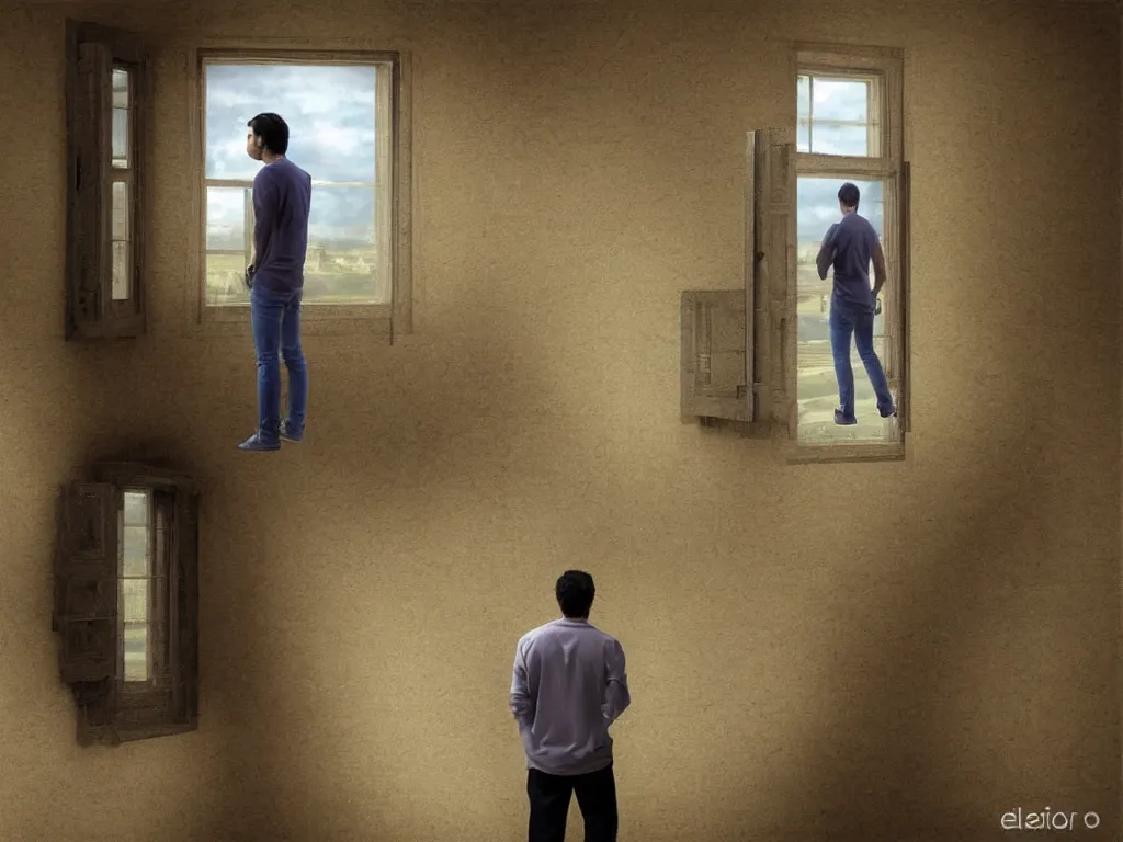 Prompt: a man standing in front a big window looking another dimension, dramatic, realistic 3D art by Eliseo H. Zubiri