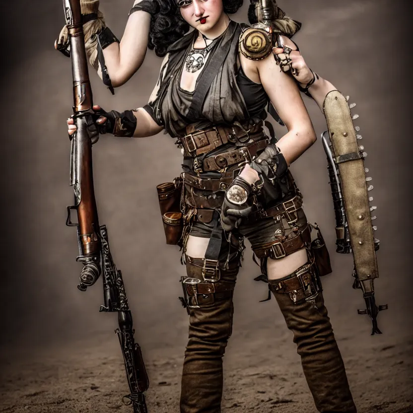Prompt: full length photo of a very beautiful female dieselpunk warrior with weapons, 8 k, hdr, smooth, sharp focus, high resolution, award - winning photo