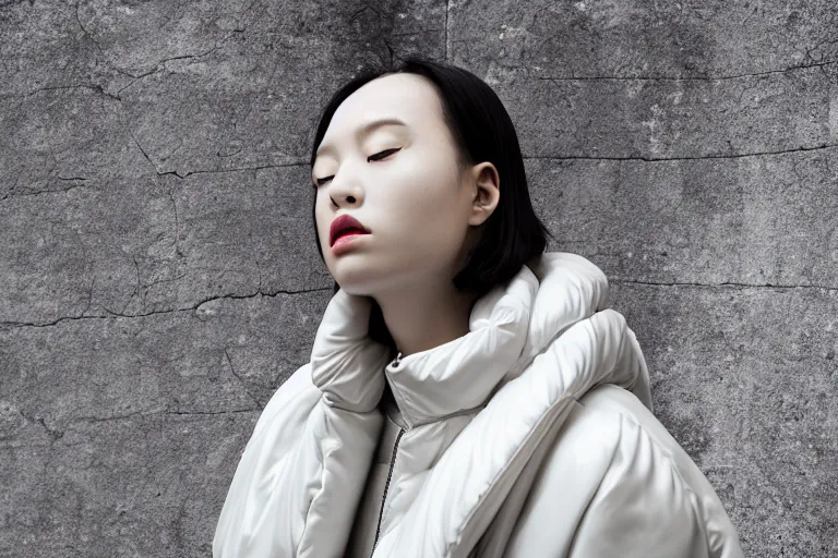 Image similar to well lit fashion shoot portrait of extremely beautiful female marble statue wearing huge over size puffer jacket by dingyun zhang, yeezy, balenciaga, vetements, a cold wall, sharp focus, clear, detailed,, cinematic, detailed, off white, glamourous, symmetrical, vogue, editorial, fashion, magazine shoot, glossy