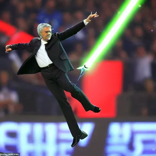 Prompt: close photograph, jose mourinho flying in the sky shooting lasers