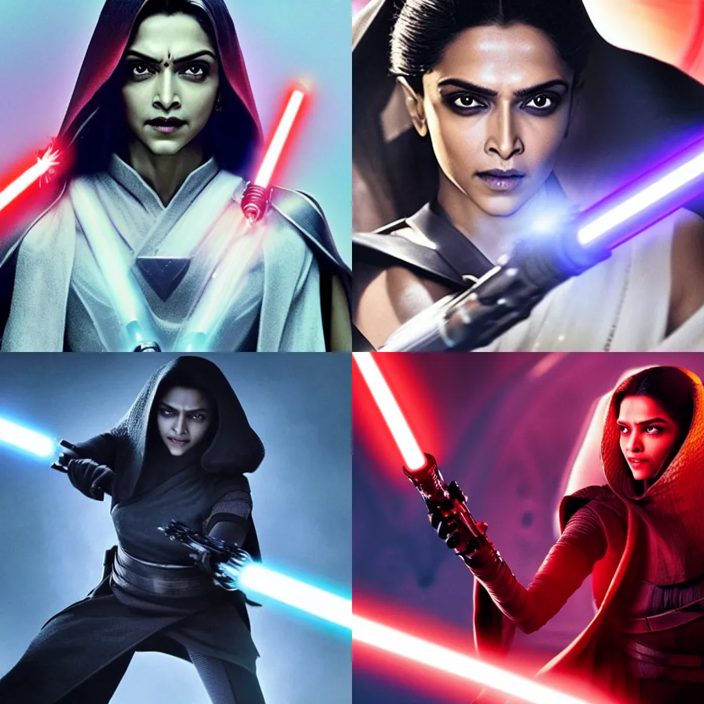 Prompt: “Deepika Padukone as Sith holding light saber, Star Wars villain cinematic movie still UHD 8K”