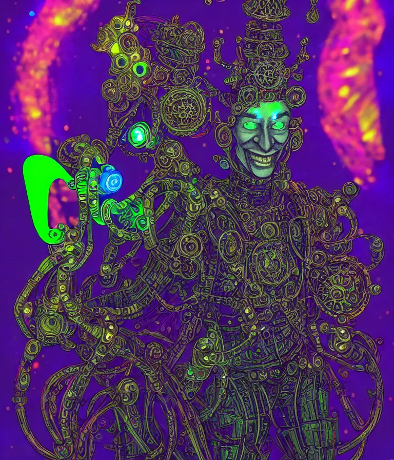 Prompt: front!!! shot of a court jester!!! character, hyperdimensional, (bioluminescent) hypercubes, dark holography!!!, ((sunset)) ((psychedelic)), chrome, mechanical, (((intricate))), elegant, highly detailed, centered, (((artstation, concept art, smooth, sharp focus, artgerm, Tomasz Alen Kopera, Peter Mohrbacher, donato giancola, Joseph Christian Leyendecker, WLOP, Boris Vallejo))), mugshot!!!!!, ugly!!!!!!, octane render, nvidia raytracing demo, octane render, nvidia raytracing demo, octane render, nvidia raytracing demo, grainy, muted, 8K, digitalblasphemy, metatron