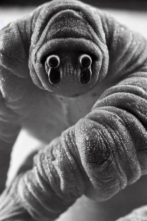 Image similar to a film still a tardigrade, close up face detail, muscular, drenched body, photography, wet dripping hair, emerging from the water