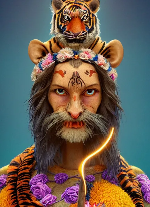 Image similar to an anthropomorphic beautiful goddess male wizard made of tiger portrait holding a staff wearing colourful robe, fine art, award winning, intricate, elegant, sharp focus, octane render, hyperrealistic, cinematic lighting, highly detailed, digital painting, 8 k concept art, art by jamie hewlett and z. w. gu, masterpiece, trending on artstation, 8 k