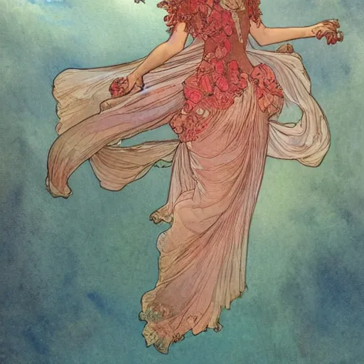 Prompt: a beautiful intricate watercolor illustration of a dancing princess in a coral outfit, 4 k, ultra - wide angle, by william turner, by victo ngai, by alphonse mucha, by moebius, by gustave dore, hd, trending on artstation, hyper detailed, muted intense colors