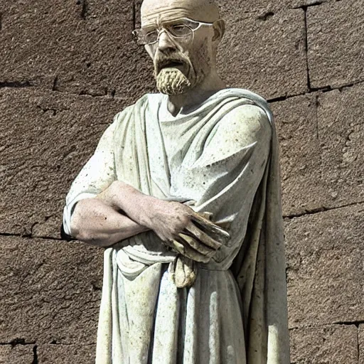 Image similar to an ancient Roman Statue of Walter White aka Heisenberg, made of stone, antiquity, beautiful stonework, high detail