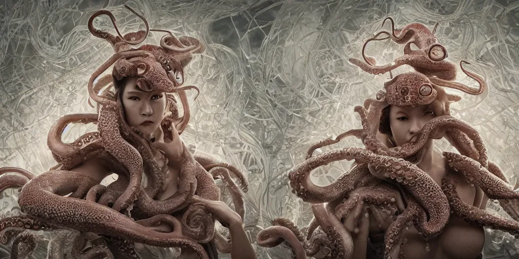 Image similar to hyperrealism, art nouveau, detailed textures, photorealistic 3 d art nouveau octopus japanese pearl queen superheroes in a apocalyptic galaxy, japanese old style print, ultra realistic, cinematic, intricate, cinematic light, unreal engine 8 k, octane render, unreal engine, 8 k, octane render, unreal engine