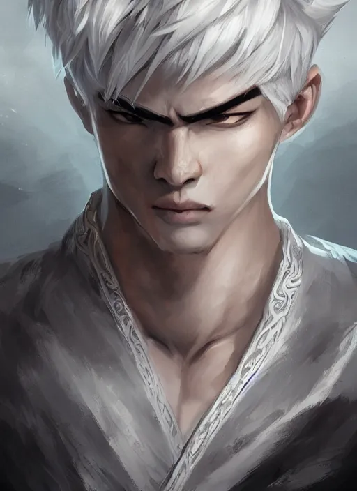 Image similar to a highly detailed illustration of fierce short white haired parted through the middle young attractive asian man, wearing hakama, with black sclera eyes, heroically battle posing, muscular, intricate, elegant, highly detailed, centered, digital painting, artstation, concept art, smooth, sharp focus, league of legends concept art, WLOP