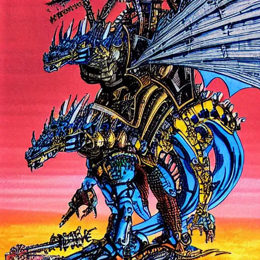 Image similar to middle age knight riding a giant mechanical dragon, art by philippe druillet,