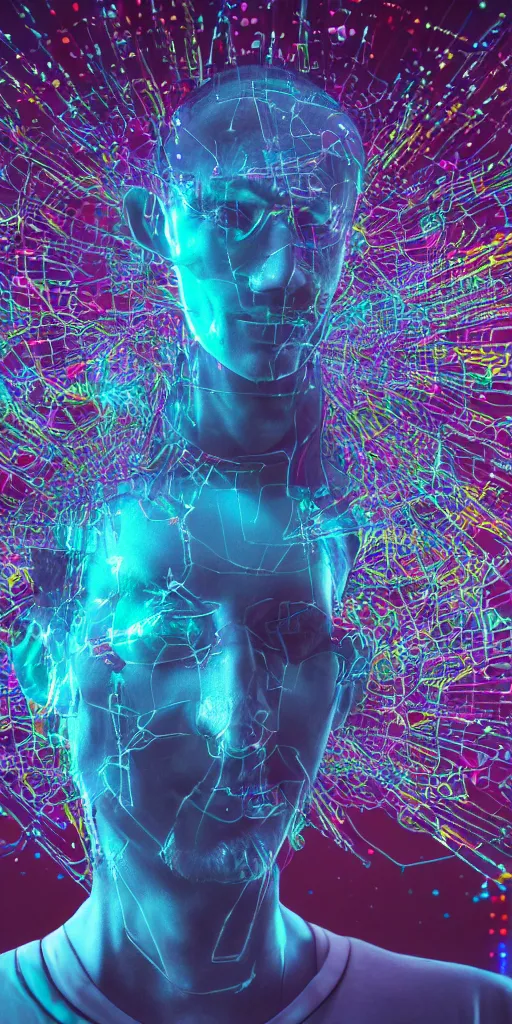 Image similar to man becomes controlled by a smartphone he gazes at while he played like a marionette, puppet, intricate complexity, horror, psychedelic glitch art, rainbow drip paint, trending on art station, photoreal, 8k, octane render