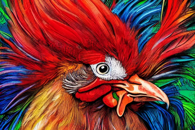 Prompt: illustration of a rooster with feathers of many colors, by ken barthelmey and liam cobb, lively colors, portrait, sharp focus, colored feathers, jungle