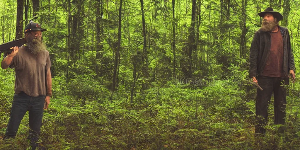 Prompt: stephen king film of a caucasian american bearded man alone in a lush green forest, wearing a baseball hat, japanese illustration, 1 9 8 0 s style, apprehensive mood, man is carrying a rifle, alone, matte illustration, apocalyptic vibes