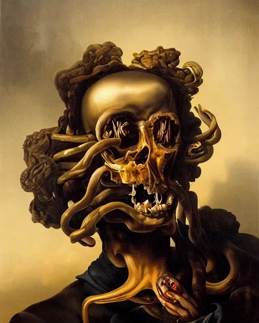 Image similar to refined gorgeous blended oil painting with black background by christian rex van minnen rachel ruysch dali todd schorr of a chiaroscuro portrait of an extremely bizarre disturbing mutated man with shiny skin acne dutch golden age vanitas intense chiaroscuro cast shadows obscuring features dramatic lighting perfect composition masterpiece